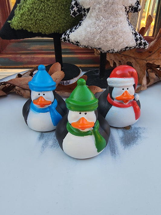 Christmas Holiday Penguins Themed Black and White Rubber Duck Ducks - Blue Green Red - Individuals or Pack of 3