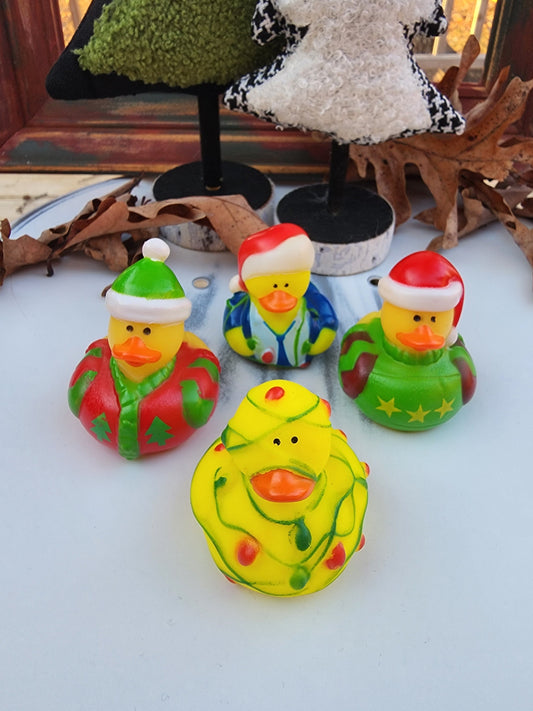 Christmas Holiday Party Themed Yellow Rubber Duck Ducks - Christmas Lights Santa Hat Green Red White - Pack of 3 or Pack of 4