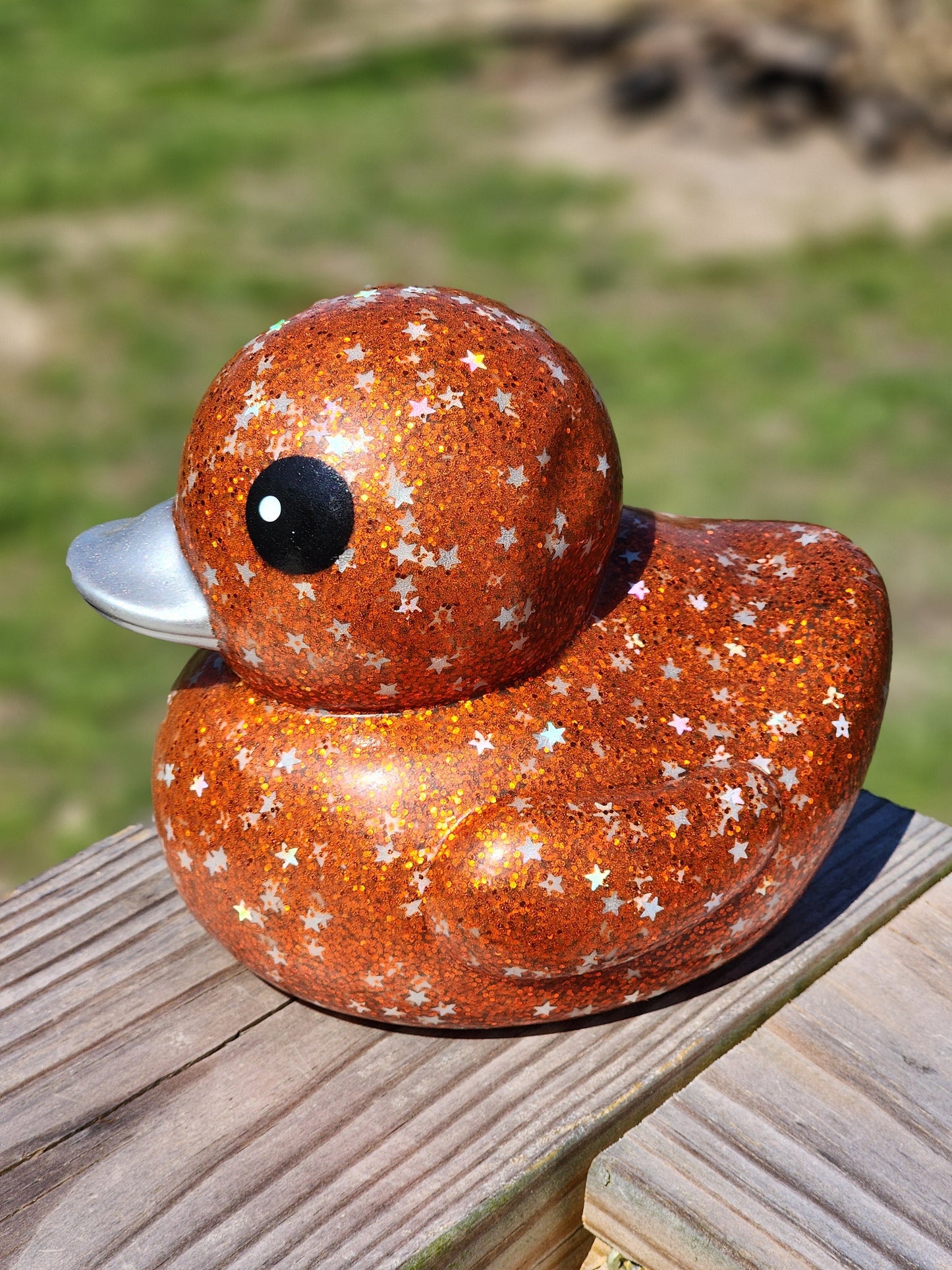 Large Star Glitter Themed Burnt Orange Rubber Duck Ducks Friend Gift Duck Lover Gift Office Desk Toy - Orange Silver Black - Individuals