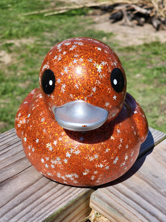 Large Star Glitter Themed Burnt Orange Rubber Duck Ducks Friend Gift Duck Lover Gift Office Desk Toy - Orange Silver Black - Individuals