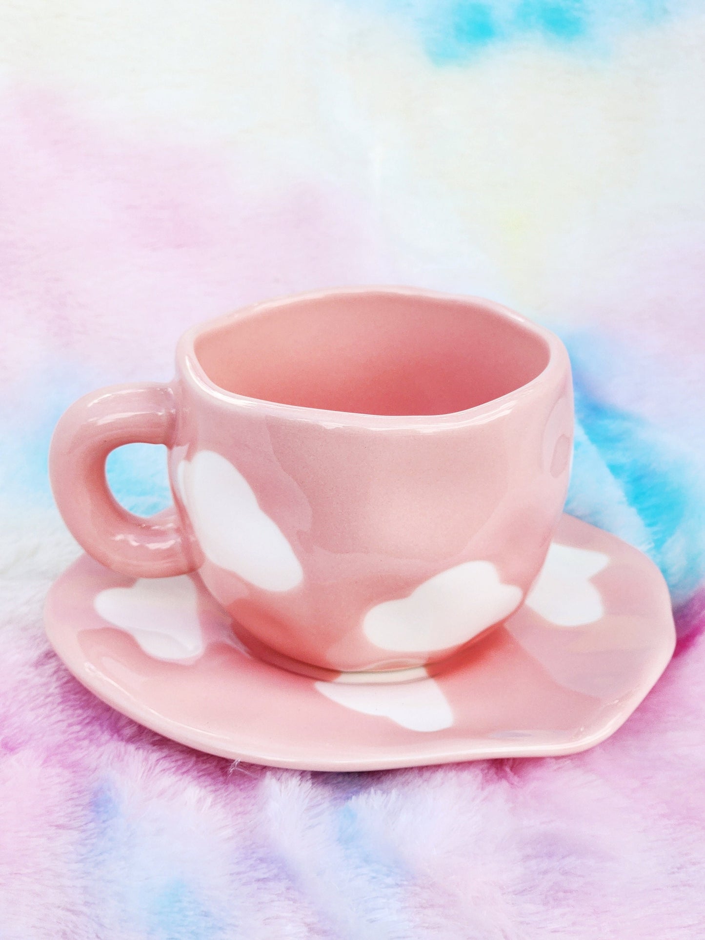 Pink Cloud Mug Cloud Plate Ceramic Mug Ceramic Plate Cute Hand Painted White Pink Cloud Mug Coffee Lover