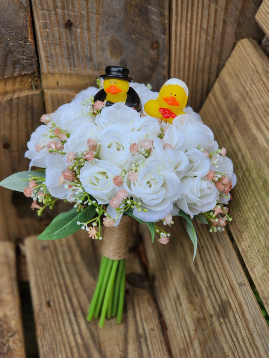 Faux White and Pink Bridal Bouquet with Rubber Ducks | White Bridal Bouquet | White Fake Bouquet | White and Green Bouquet