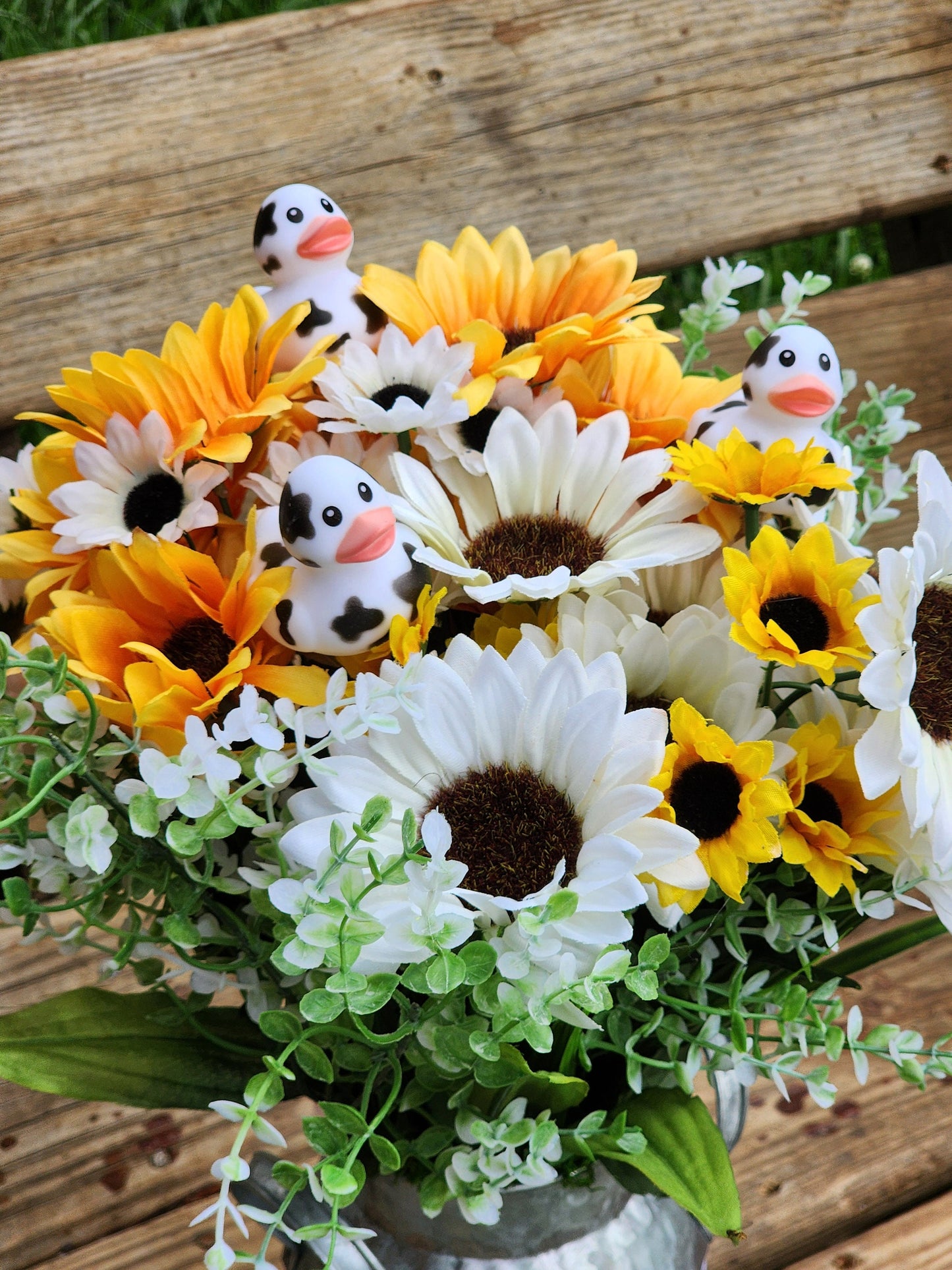 Faux White and Yellow Cow Flower Arrangement with Rubber Ducks | Farm Bouquet | Gift for Cow Lovers | Table Centerpiece