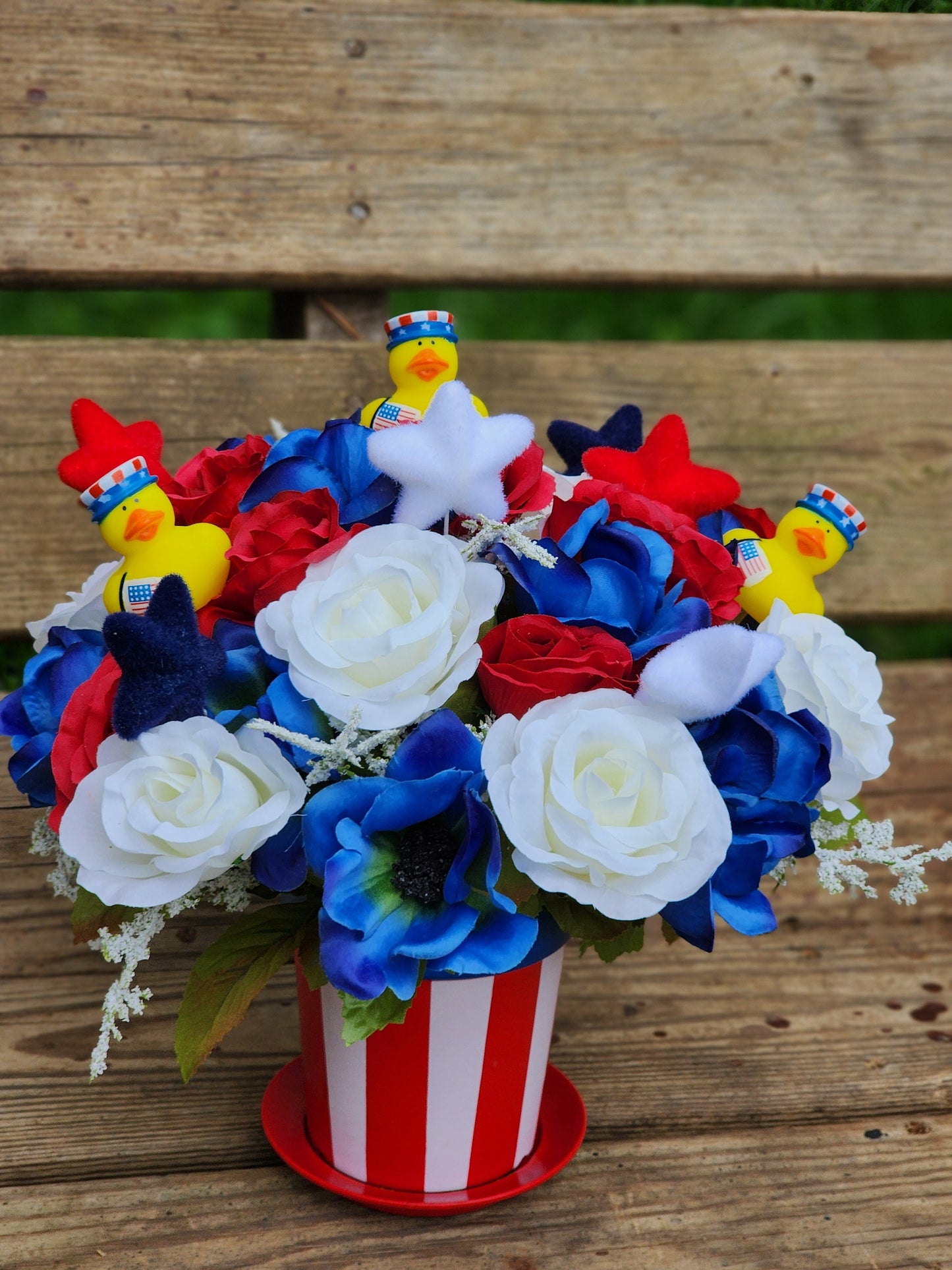 Red White Blue Flower Arrangement with Rubber Ducks | Patriotic USA Bouquet | Gift for Veterans | Faux Flower Arrangement