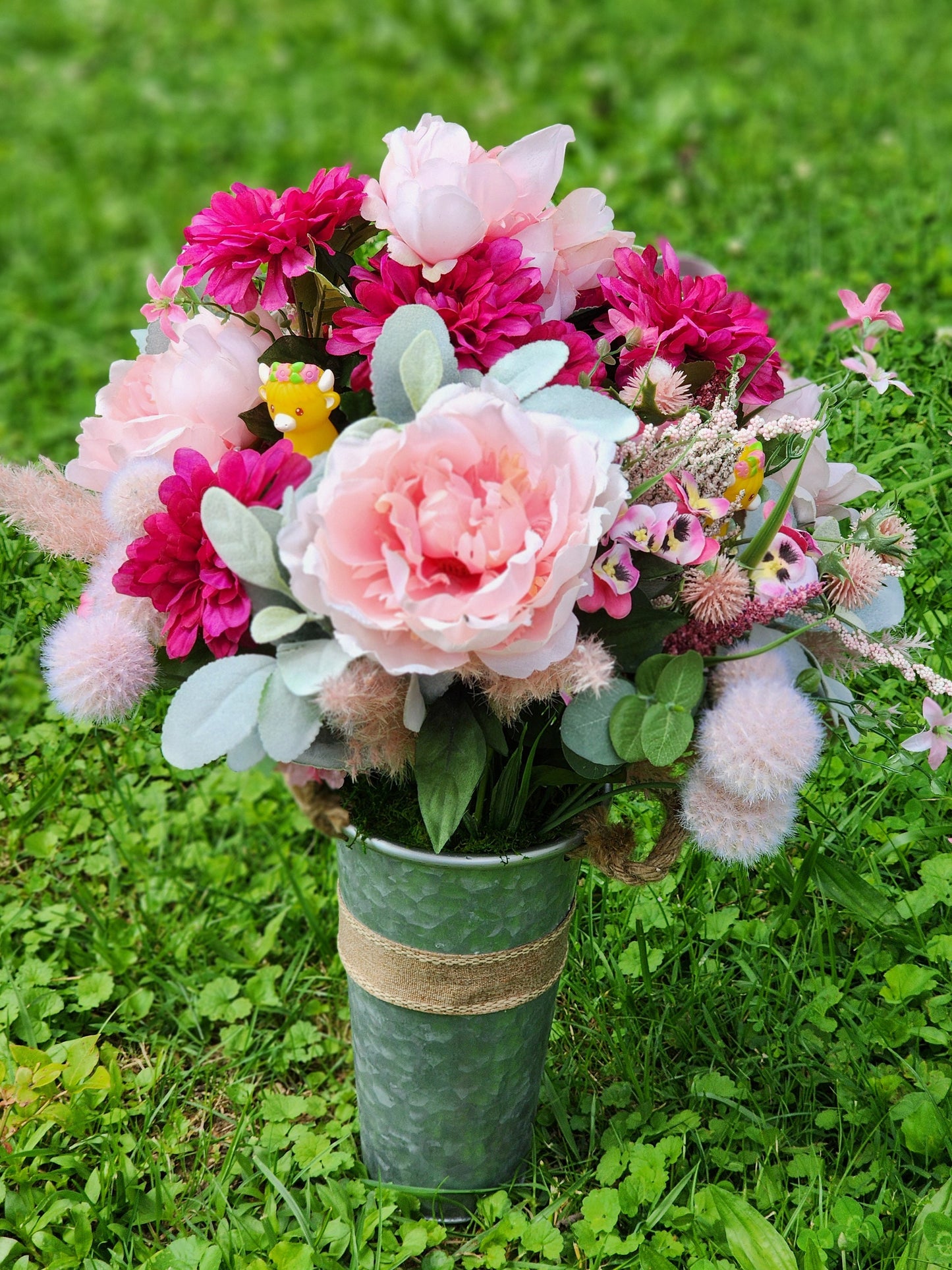 Faux Pink Flower Arrangement with Highland Cows | Farm Bouquet | Gift for Highland Cow Lovers | Table Centerpiece | Barn Wedding Flowers