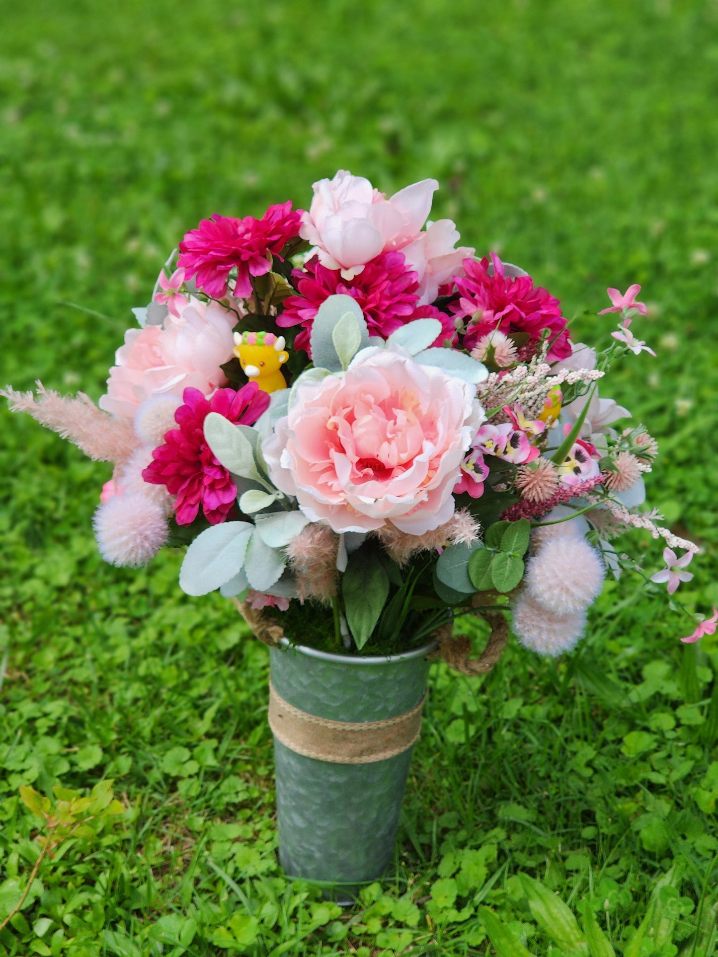 Faux Pink Flower Arrangement with Highland Cows | Farm Bouquet | Gift for Highland Cow Lovers | Table Centerpiece | Barn Wedding Flowers