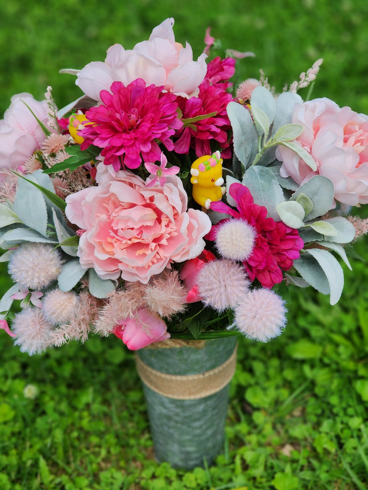 Faux Pink Flower Arrangement with Highland Cows | Farm Bouquet | Gift for Highland Cow Lovers | Table Centerpiece | Barn Wedding Flowers