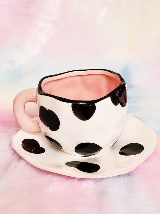 Cow Print Ceramic Mug and Saucer Set | Cute Novelty Gift | Cow Lover Gift | Coffee Lover | Gift for Friend | Individual