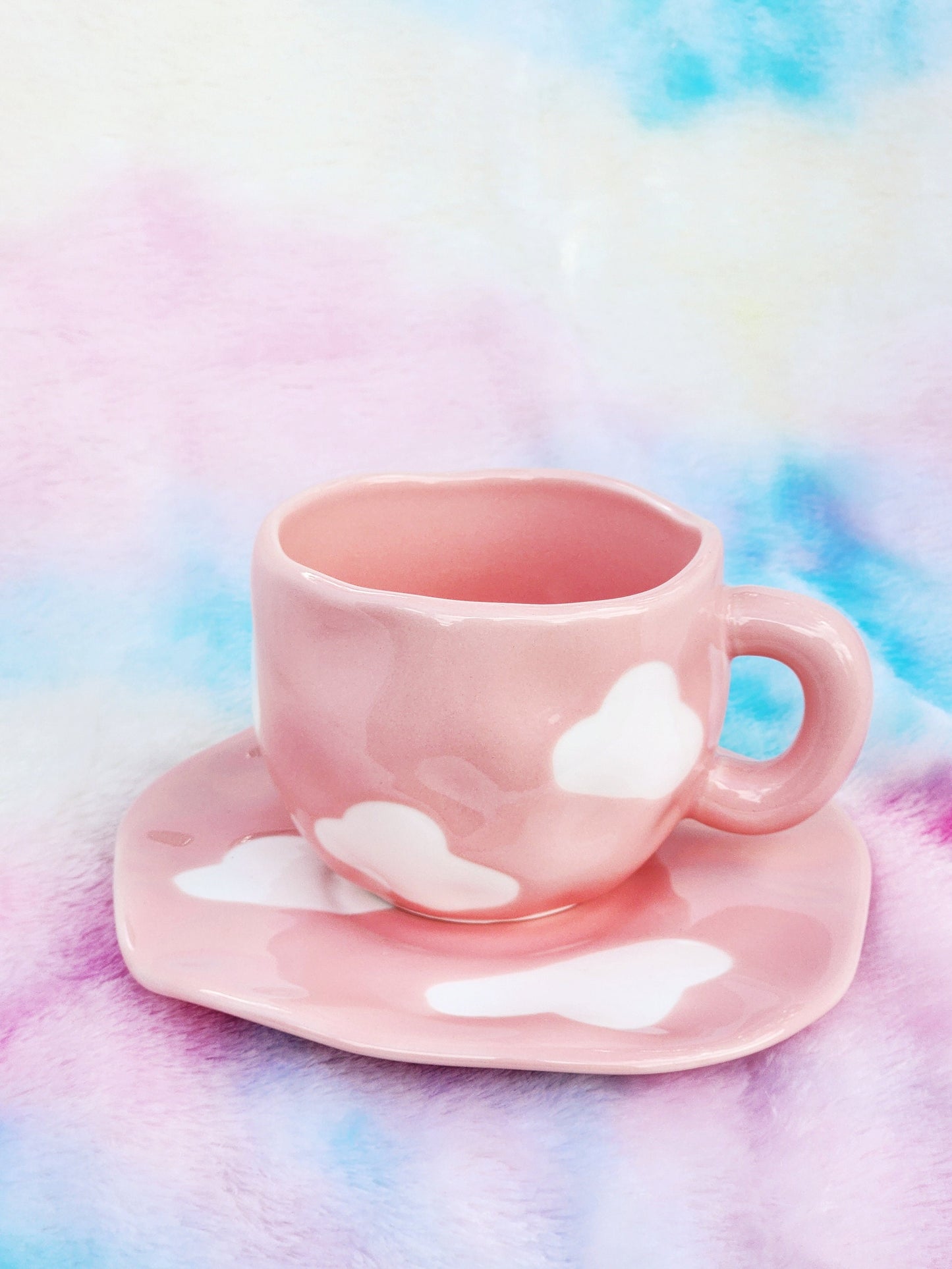 Pink Cloud Mug Cloud Plate Ceramic Mug Ceramic Plate Cute Hand Painted White Pink Cloud Mug Coffee Lover