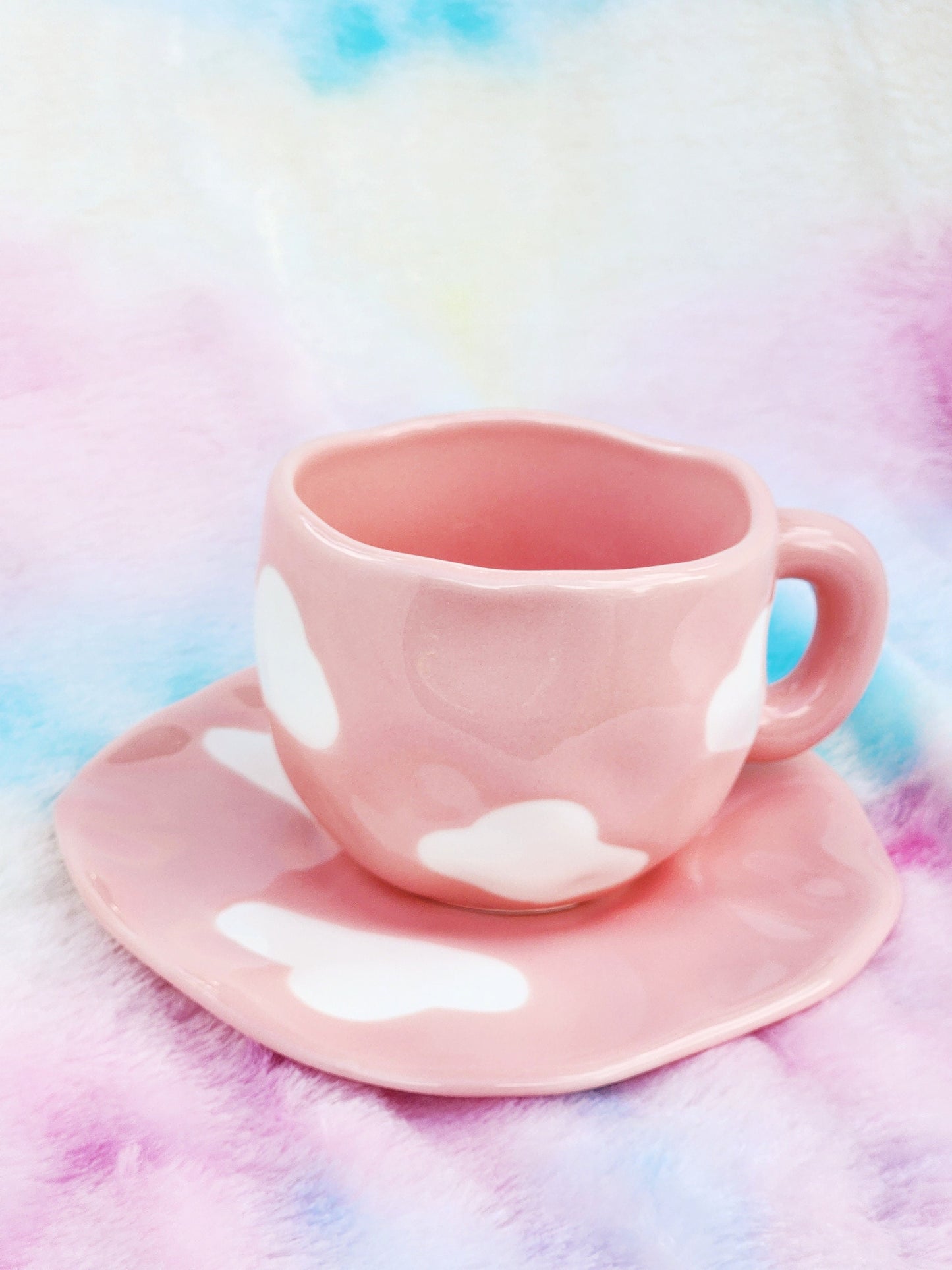 Pink Cloud Mug Cloud Plate Ceramic Mug Ceramic Plate Cute Hand Painted White Pink Cloud Mug Coffee Lover