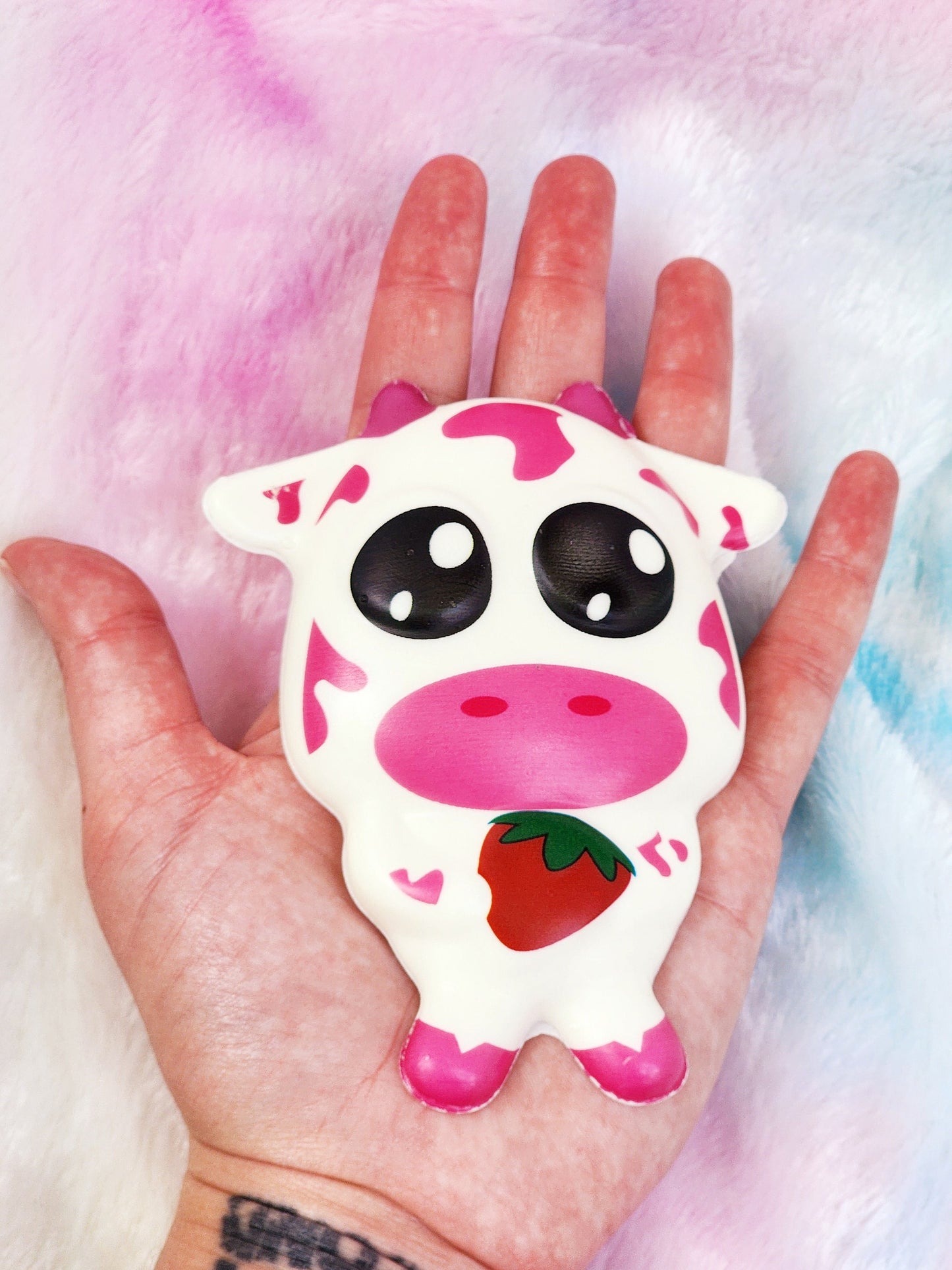 Jumbo Strawberry Cow Squish Sticker Animal Lover Cow Gift Animal Gift Squish Animal Squishy Animal Sticker - Black White Pink - Individual