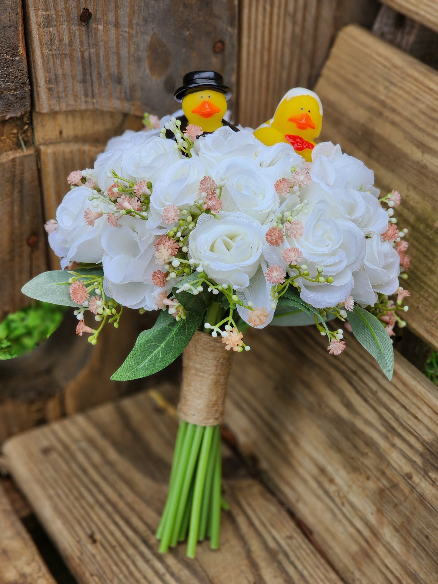 Faux White and Pink Bridal Bouquet with Rubber Ducks | White Bridal Bouquet | White Fake Bouquet | White and Green Bouquet