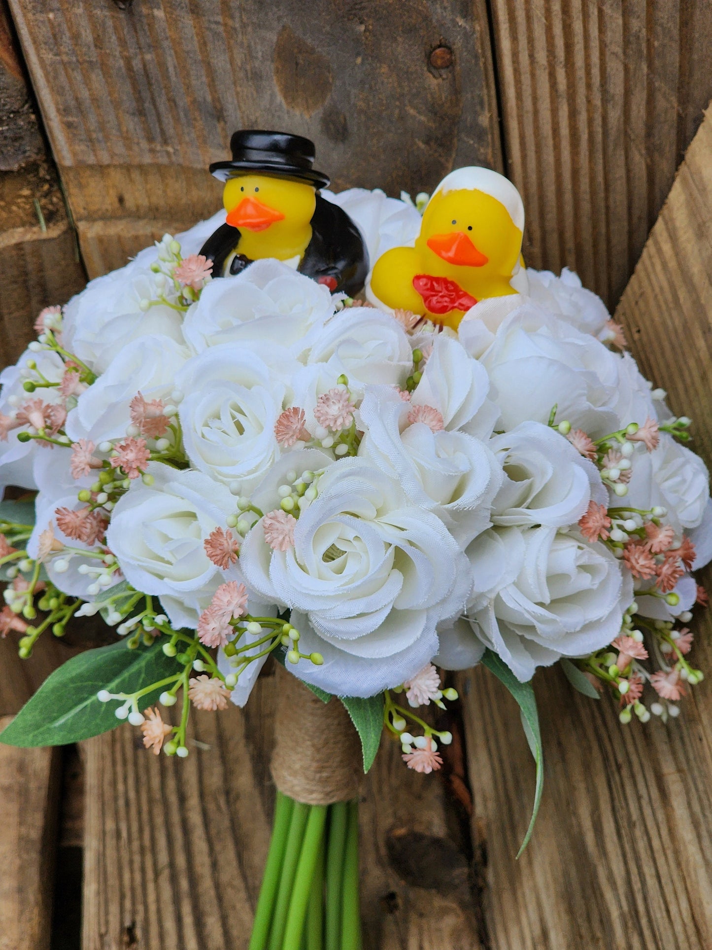 Faux White and Pink Bridal Bouquet with Rubber Ducks | White Bridal Bouquet | White Fake Bouquet | White and Green Bouquet