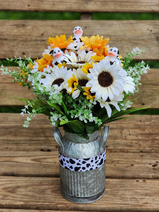 Faux White and Yellow Cow Flower Arrangement with Rubber Ducks | Farm Bouquet | Gift for Cow Lovers | Table Centerpiece