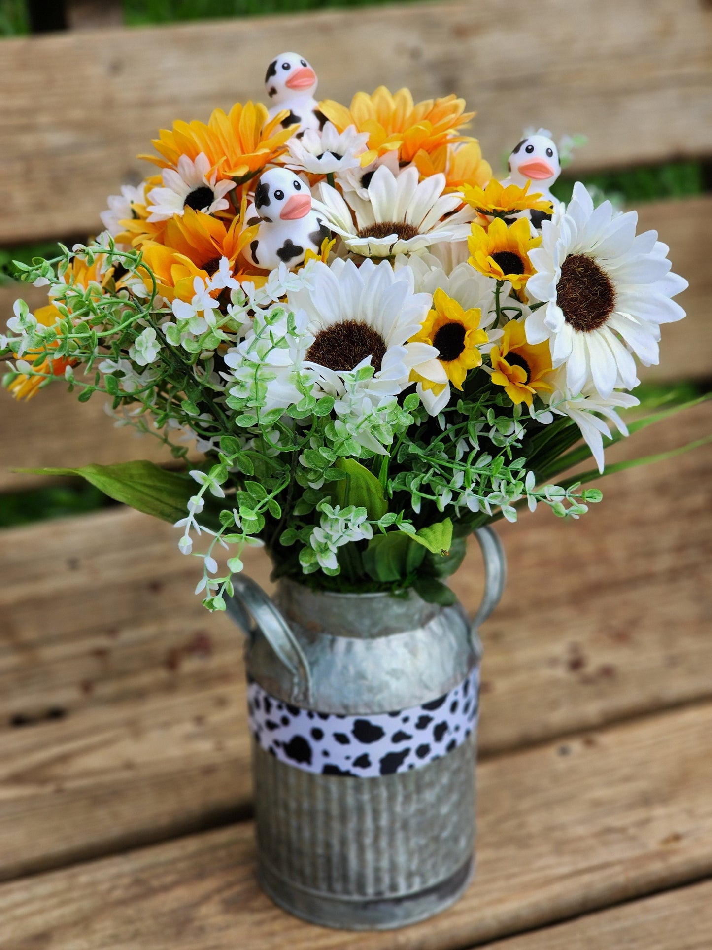 Faux White and Yellow Cow Flower Arrangement with Rubber Ducks | Farm Bouquet | Gift for Cow Lovers | Table Centerpiece