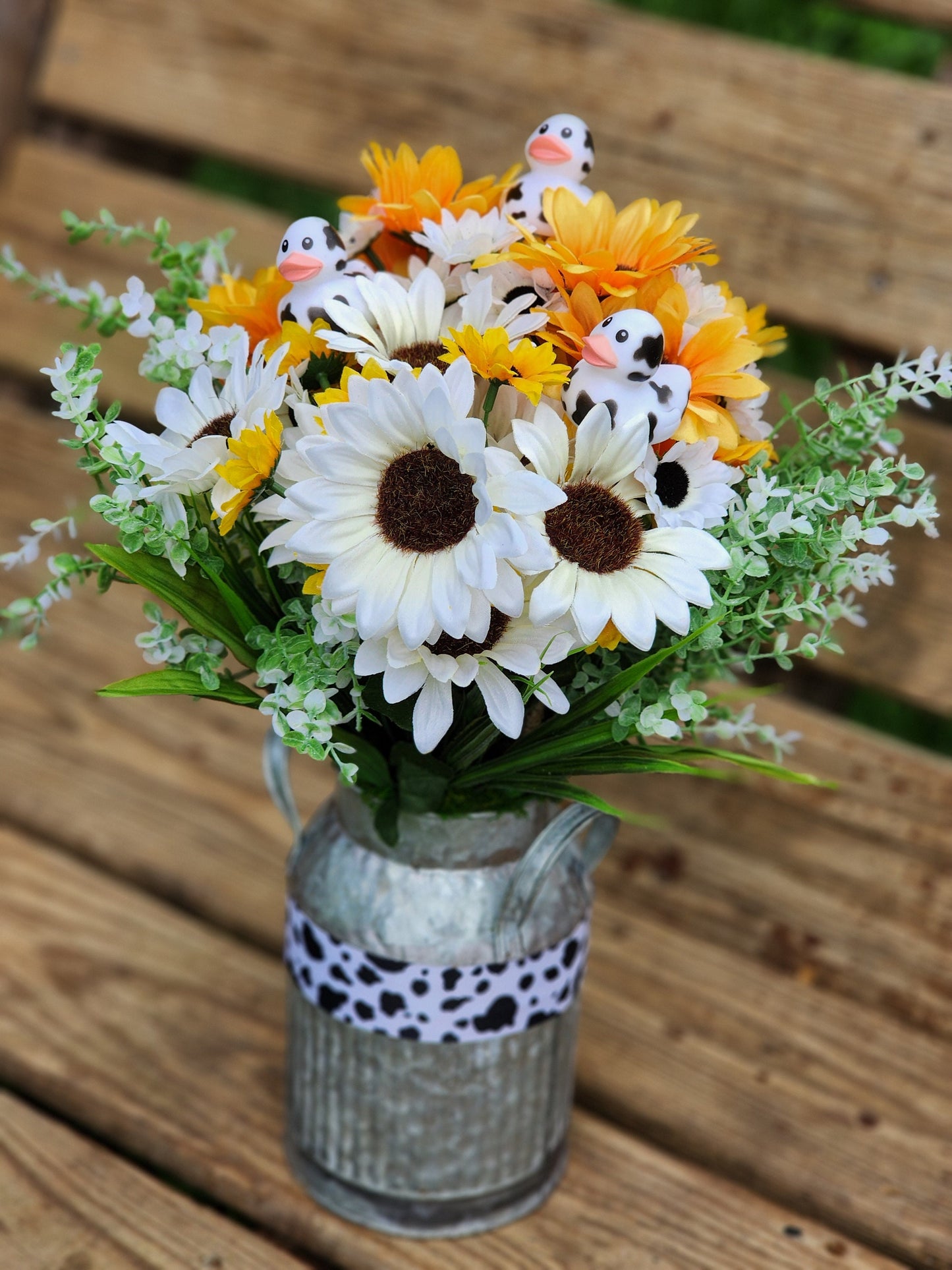 Faux White and Yellow Cow Flower Arrangement with Rubber Ducks | Farm Bouquet | Gift for Cow Lovers | Table Centerpiece