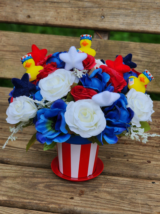 Red White Blue Flower Arrangement with Rubber Ducks | Patriotic USA Bouquet | Gift for Veterans | Faux Flower Arrangement