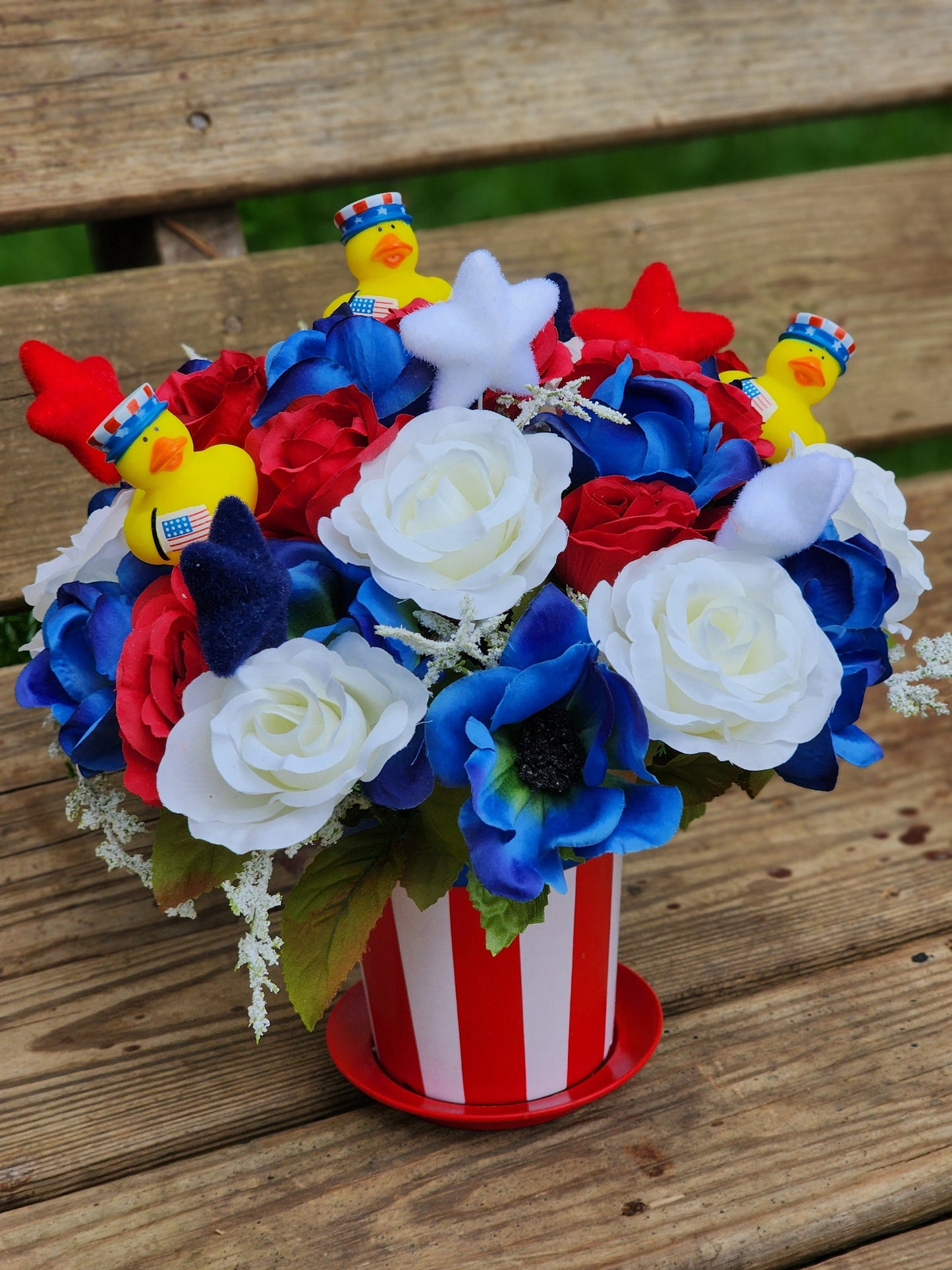 Red White Blue Flower Arrangement with Rubber Ducks | Patriotic USA Bouquet | Gift for Veterans | Faux Flower Arrangement