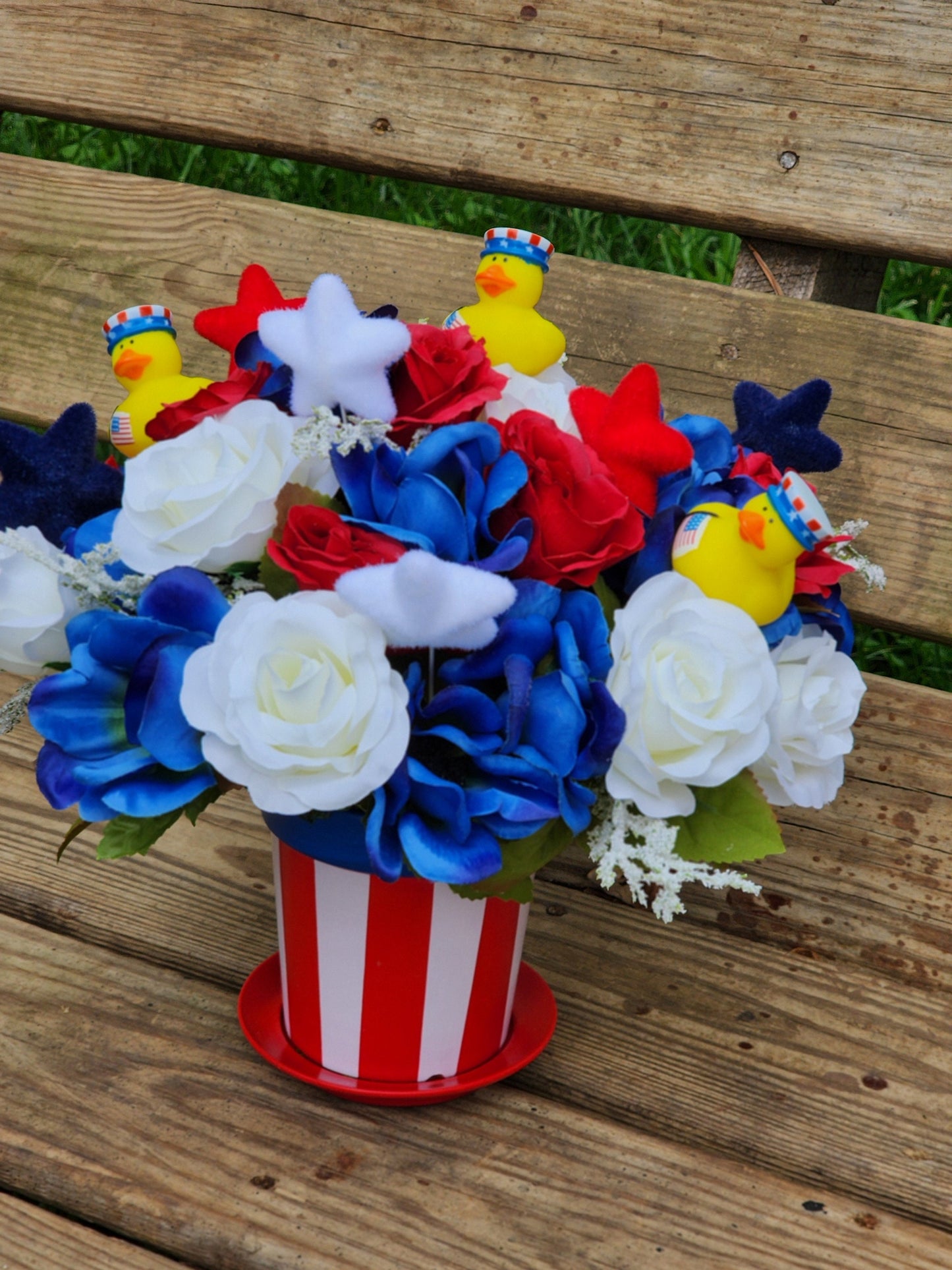 Red White Blue Flower Arrangement with Rubber Ducks | Patriotic USA Bouquet | Gift for Veterans | Faux Flower Arrangement