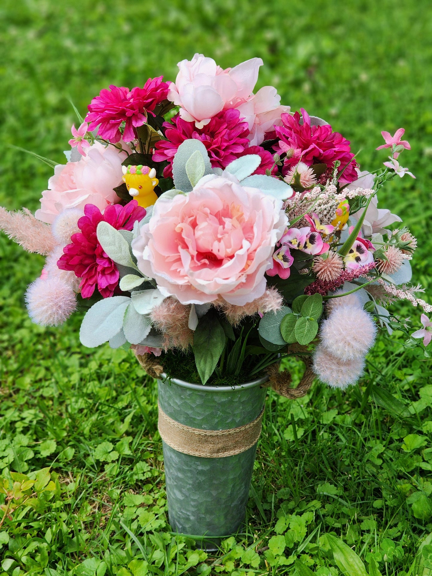 Faux Pink Flower Arrangement with Highland Cows | Farm Bouquet | Gift for Highland Cow Lovers | Table Centerpiece | Barn Wedding Flowers