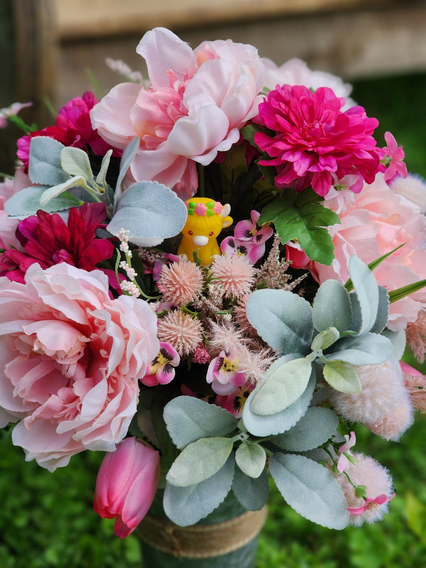 Faux Pink Flower Arrangement with Highland Cows | Farm Bouquet | Gift for Highland Cow Lovers | Table Centerpiece | Barn Wedding Flowers