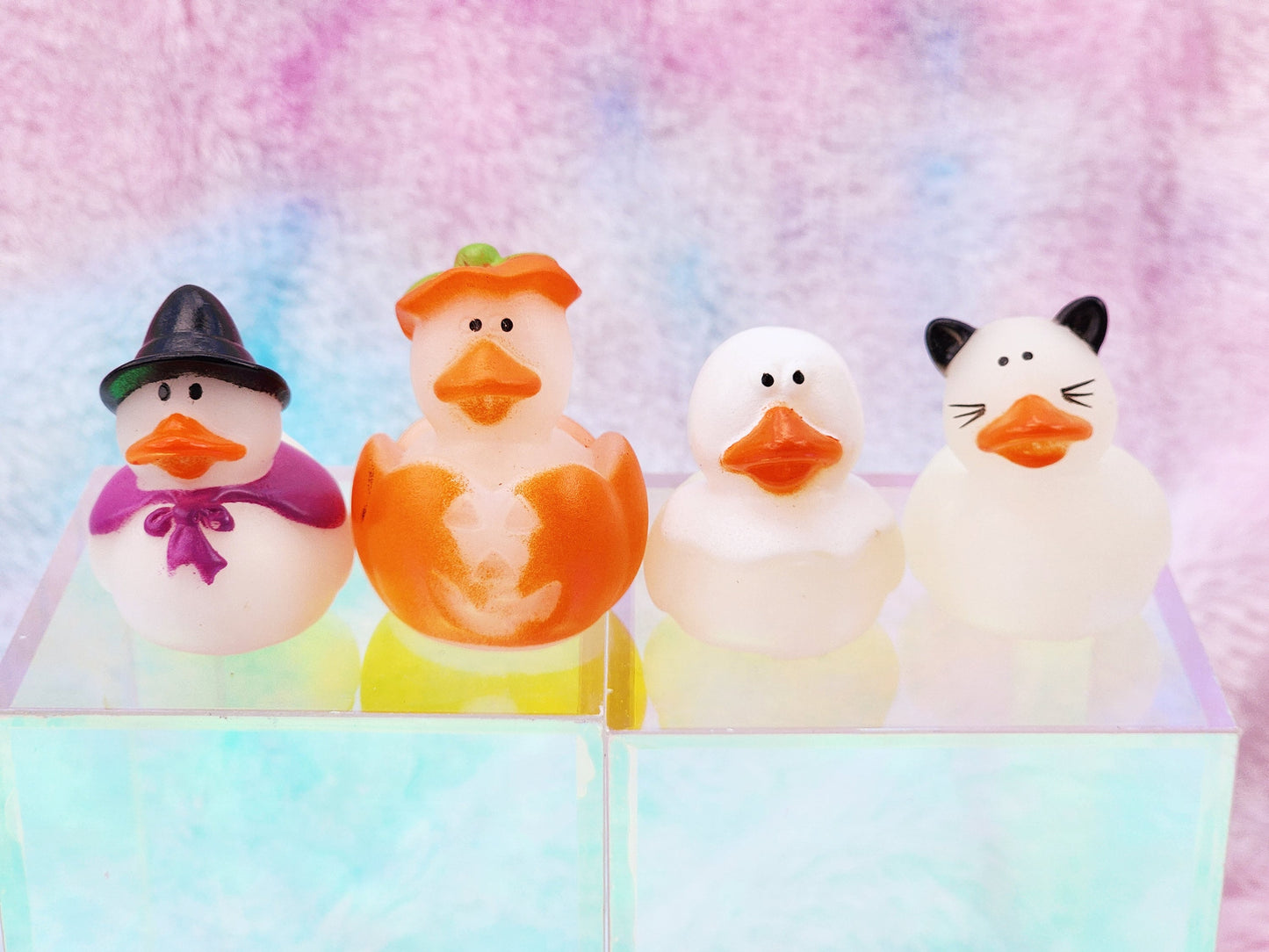 Mini Glow In The Dark Halloween Themed Rubber Duck Ducks - Orange Glow Purple White Black - Pack of 4